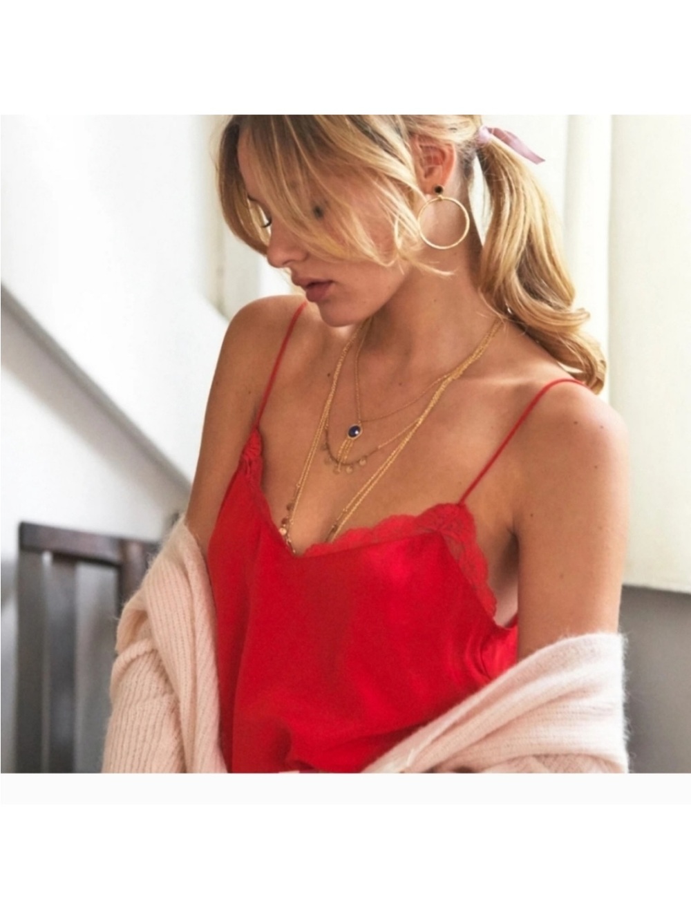 Sezane Top Debby - Red Silk Lace Cami